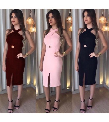 Çapraz Boyun Detaylı Kalem Elbise 0038