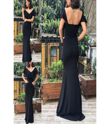 Yaka Detaylı uzun Balık Abiye Elbise 0043