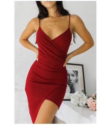 Bordo Askılı Asimetrik Kesim Mİni Abiye Elbise 0073