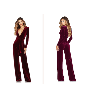 Bordo Bol Paça Kuşaklı Kadife Kumaş Tulum Elbise 0211